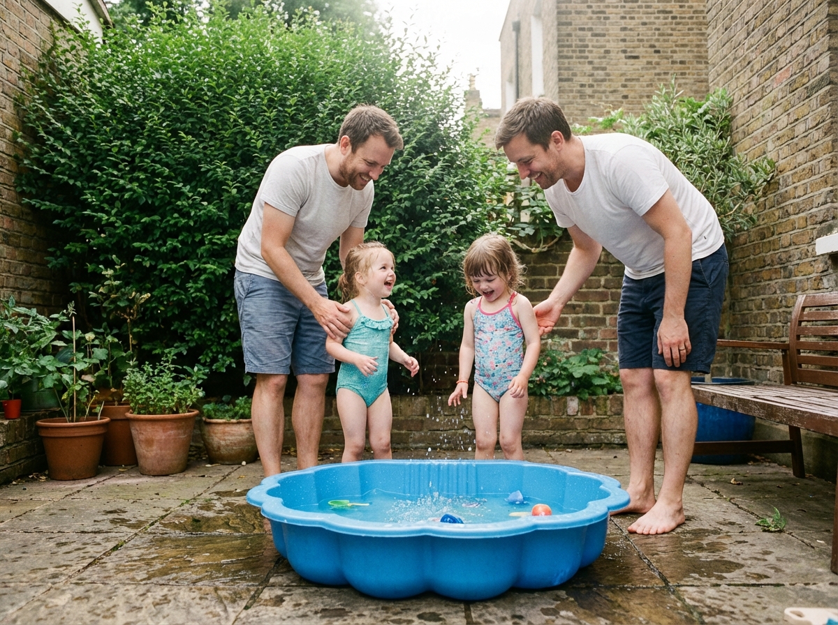 Famille jouant dans une petite piscine en ville en été