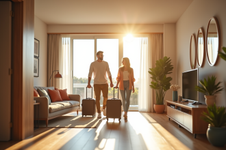 Famille heureuse entrant dans un appartement lumineux pour vacances