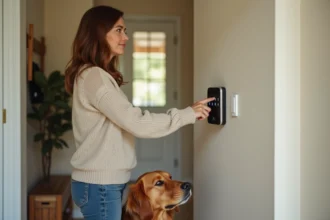 Femme activant un système d'alarme Verisure dans l'entrée de sa maison avec son chien golden retriever à ses côtés