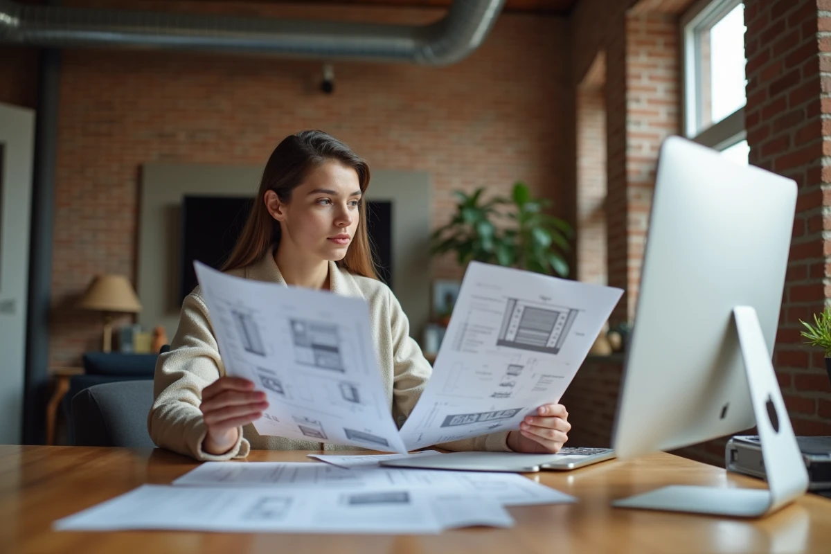 Jeune femme compare diagrammes de VMC dans un bureau moderne