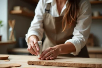 Femme appliquant une colle écologique sans solvant sur une planche en bois dans un atelier artisanal