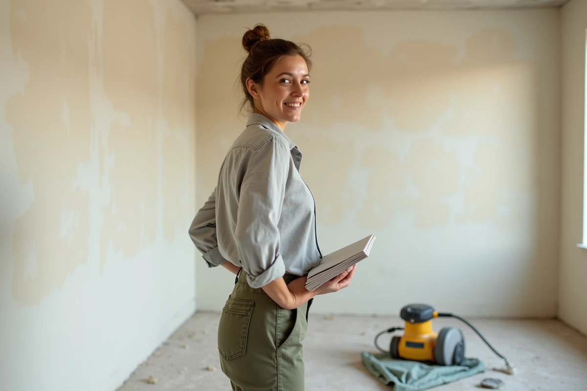 Femme artisane inspectant une surface murale poncée avant application d'enduit dans un appartement en cours de rénovation