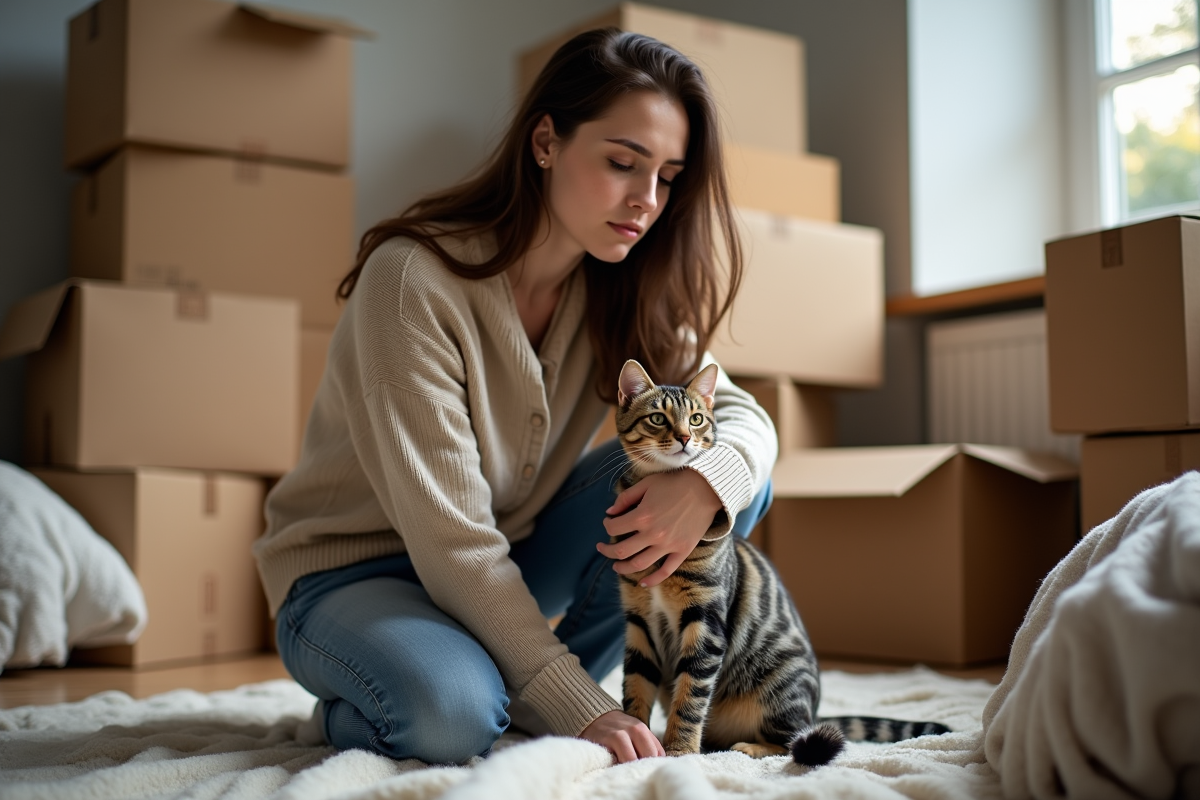 Jeune femme avec chat nerveux dans un salon en déménagement