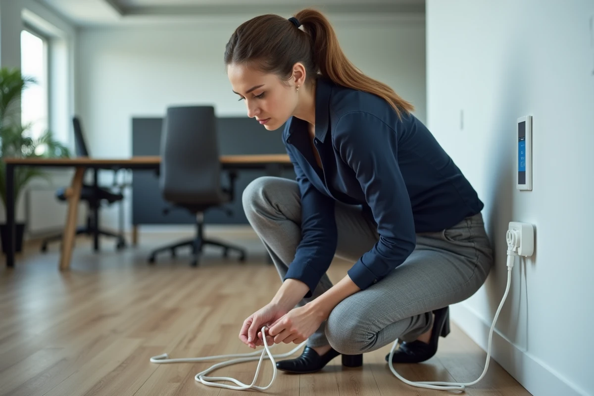 Jeune femme professionnelle branchant un câble dans une prise moderne