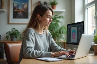 Jeune femme concentrée sur son ordinateur dans un bureau moderne