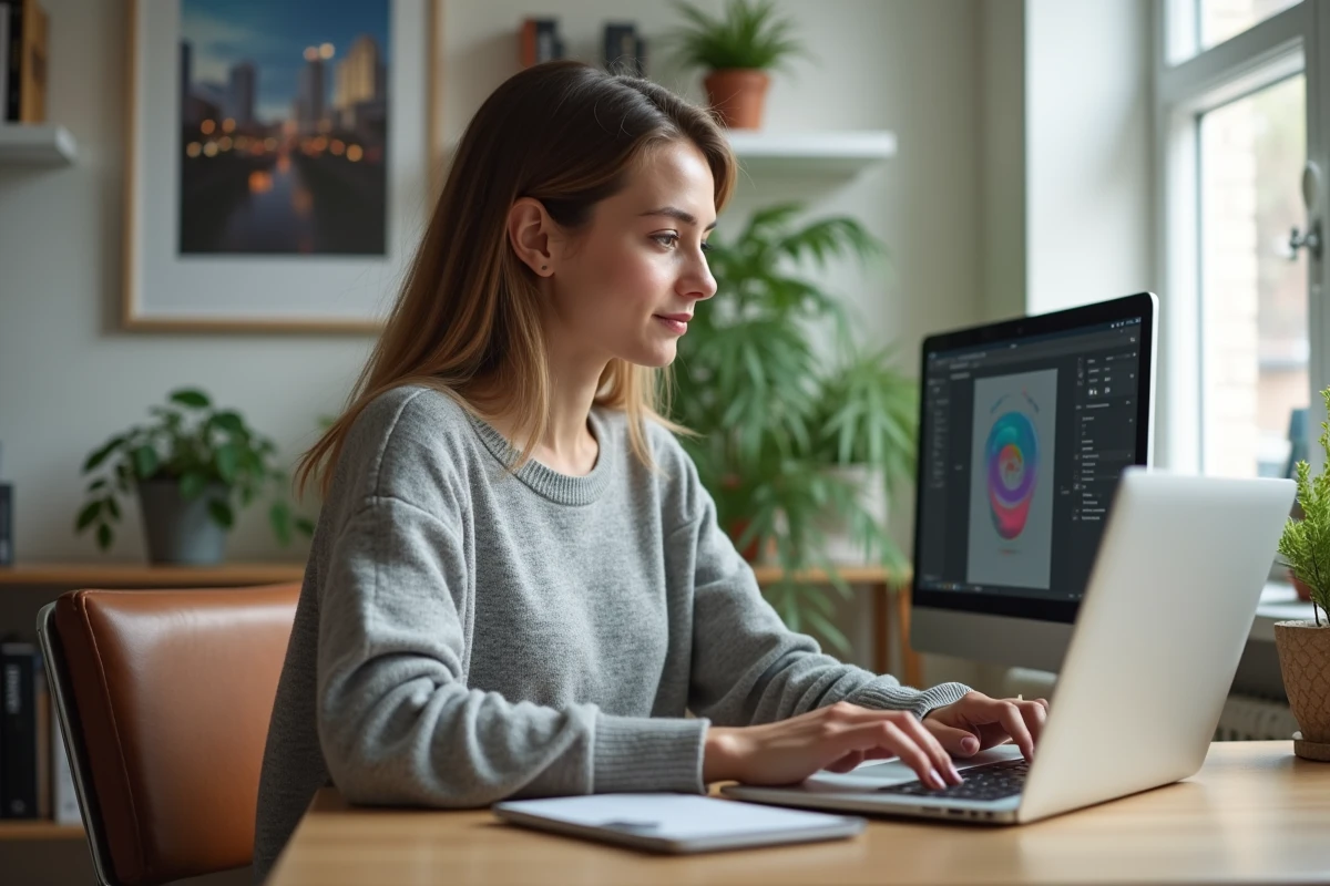 Jeune femme concentrée sur son ordinateur dans un bureau moderne