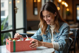 Jeune femme souriante dans un café parisien avec coffrets cadeaux