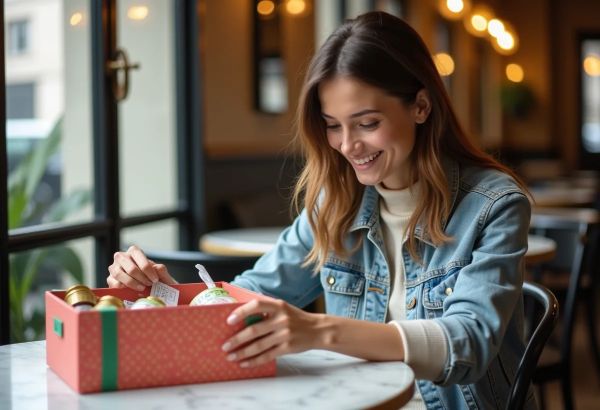 Jeune femme souriante dans un café parisien avec coffrets cadeaux