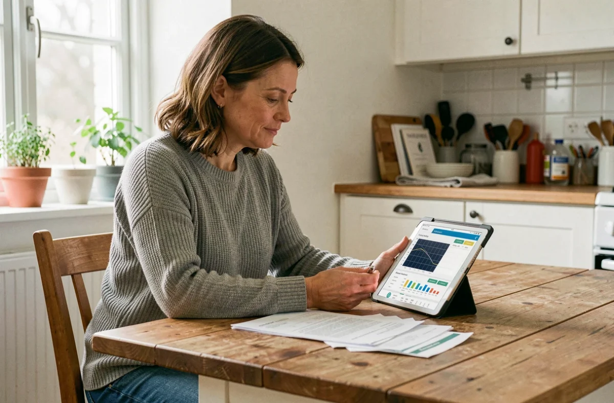 Femme calculant les économies réalisées grâce à l'installation de panneaux solaires à domicile