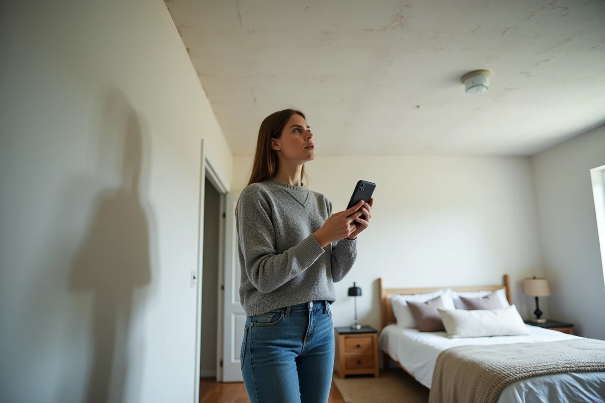 Femme dans une chambre à coucher écoutant des grattements suspects au plafond