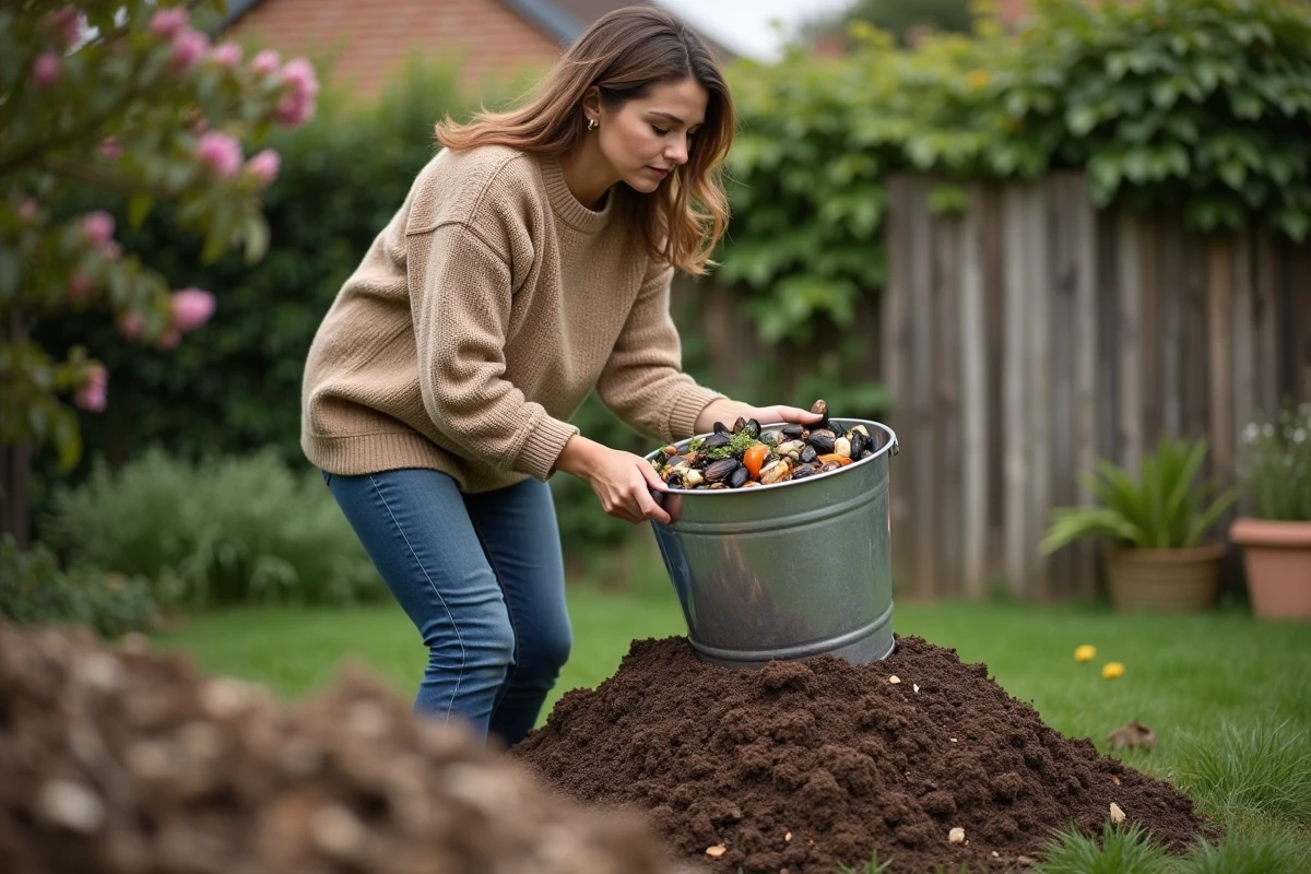 Femme en sweater earthtone déposant compost dans le jardin