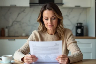 Femme lisant attentivement un contrat d'abonnement alarme Verisure à la maison, évitant les erreurs courantes des nouveaux abonnés