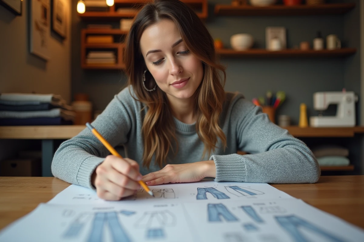 Femme concentrée étudiant des patrons de couture à la maison