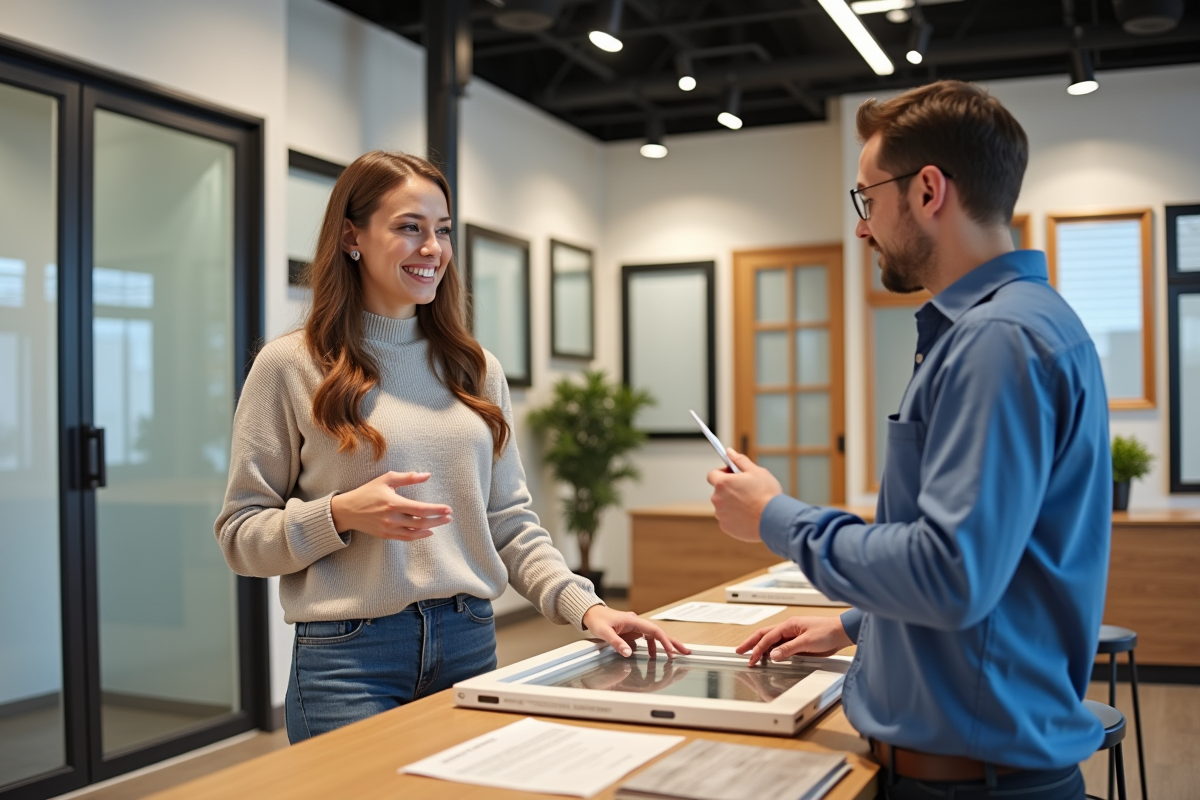 Jeune femme discutant avec un vendeur d echantillons de fenetres