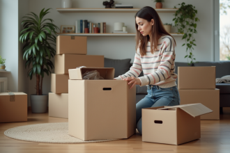 Femme en train d'emballer des cartons dans un salon moderne