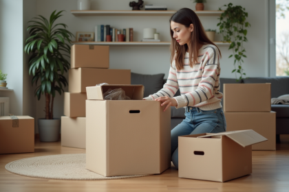 Femme en train d'emballer des cartons dans un salon moderne