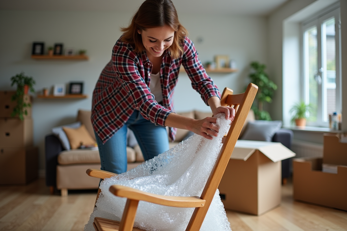 Femme en jeans emballant une chaise en bois dans un salon