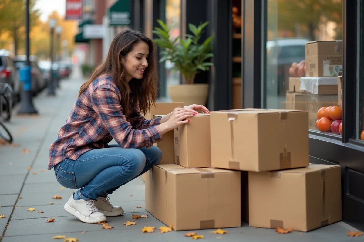 Jeune femme emballe des cartons devant un magasin en automne