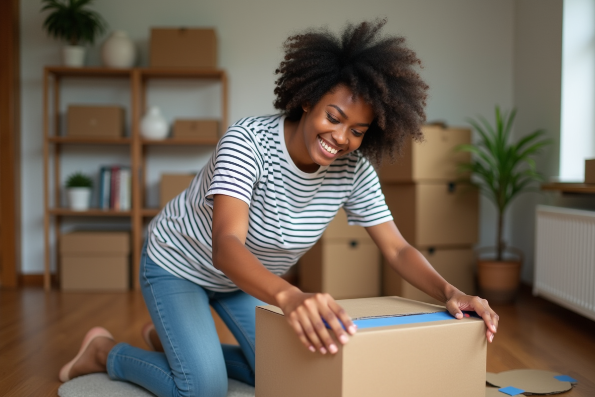 Jeune femme emballant une boxe de déménagement à la maison
