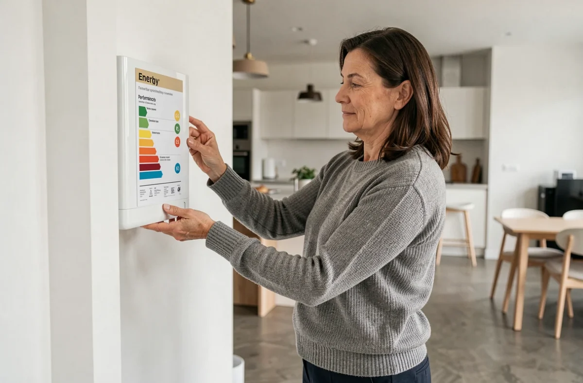 Femme consultant l'étiquette énergétique d'une pompe à chaleur murale dans un salon moderne aux finitions scandinaves