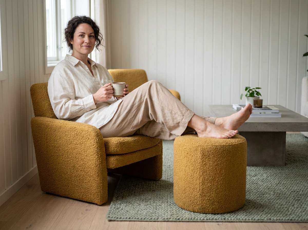 Femme assise dans un fauteuil boucle moutarde avec pouf assorti dans un salon scandinave