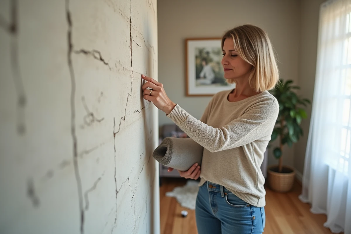Femme vérifiant des fissures sur un mur intérieur
