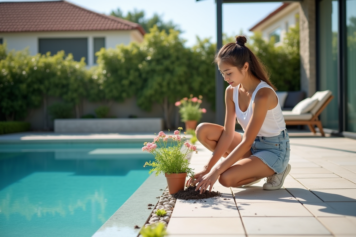 Jeune femme plante des fleurs autour d