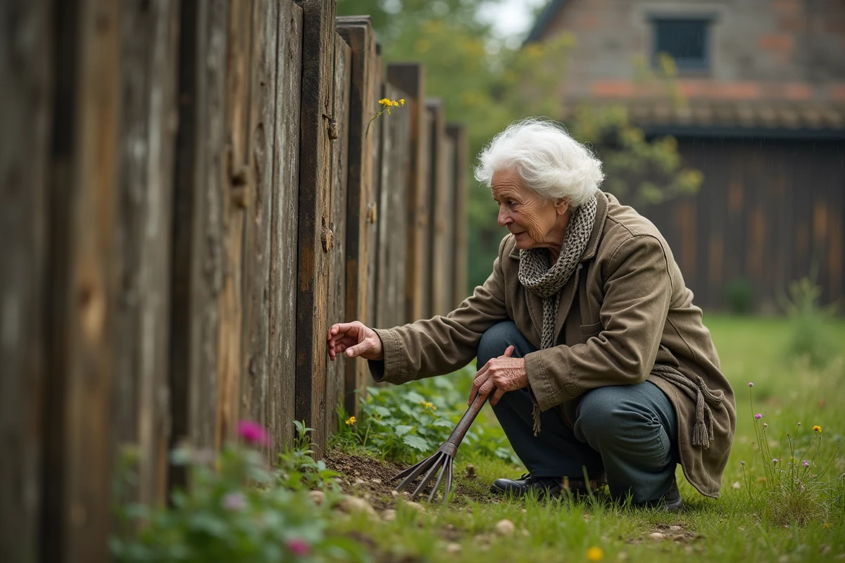 Femme âgée examine une clôture en bois dans son jardin rural
