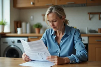 Femme moyenne âge lit un manuel de lave-linge dans la cuisine