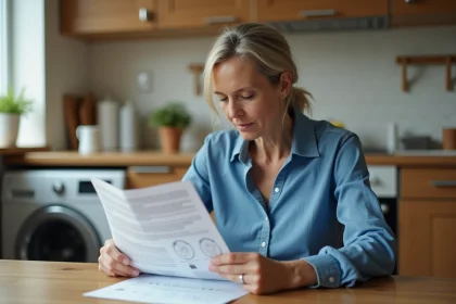 Femme moyenne âge lit un manuel de lave-linge dans la cuisine