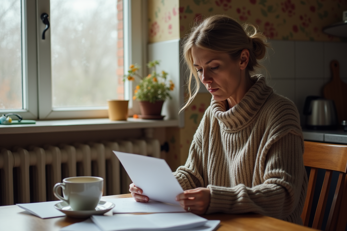 Femme d'âge moyen lisant une lettre dans une cuisine ancienne