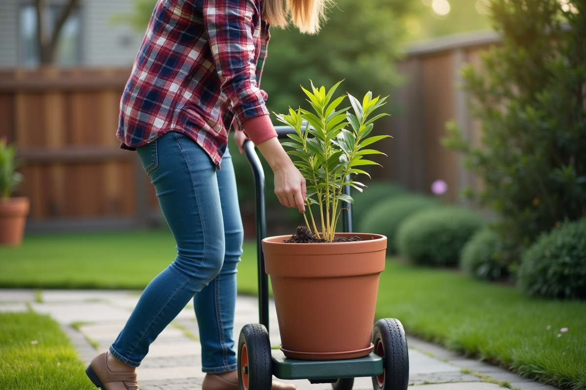 Jeune femme soulevant une plante dans un jardin