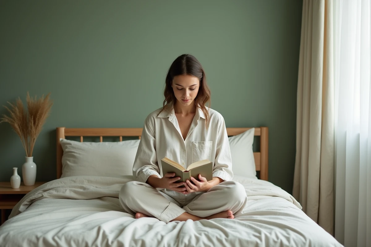 Femme en linge zen dans une chambre apaisante
