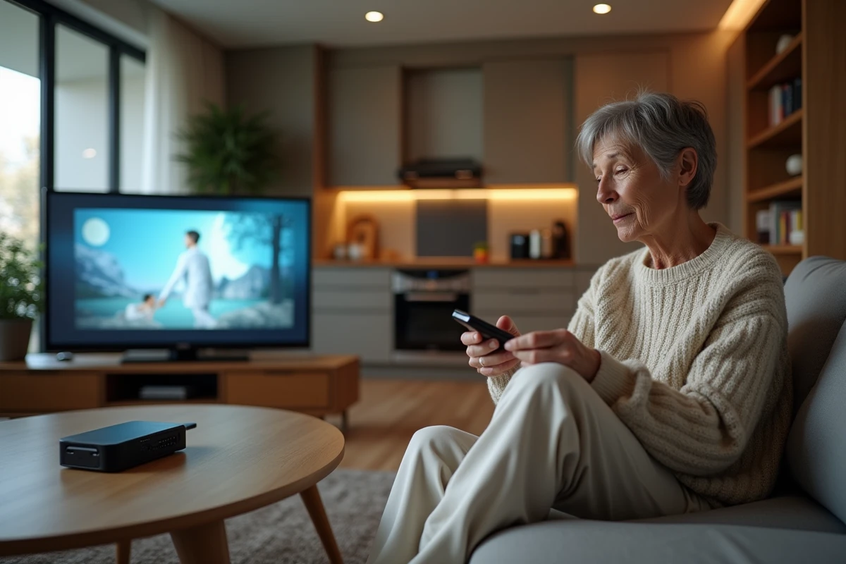 Femme lisant des instructions avec une télé dans un salon moderne