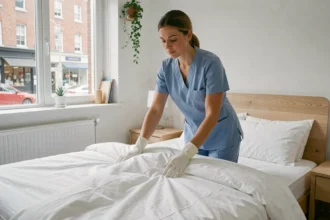 Femme de ménage professionnelle faisant le lit dans un appartement Airbnb avec linge blanc immaculé