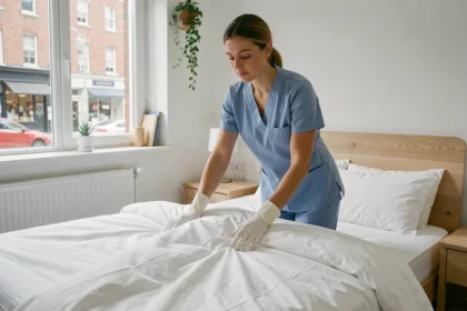 Femme de ménage professionnelle faisant le lit dans un appartement Airbnb avec linge blanc immaculé