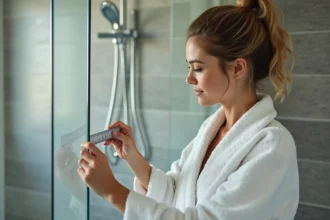 Femme en peignoir mesure une douche moderne dans une salle de bain