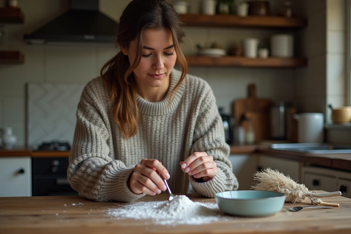 Femme nettoyant un cuillère en argent avec bicarbonate