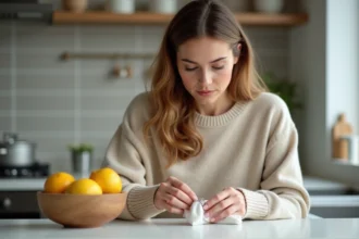 Femme nettoyant un anneau en argent dans la cuisine