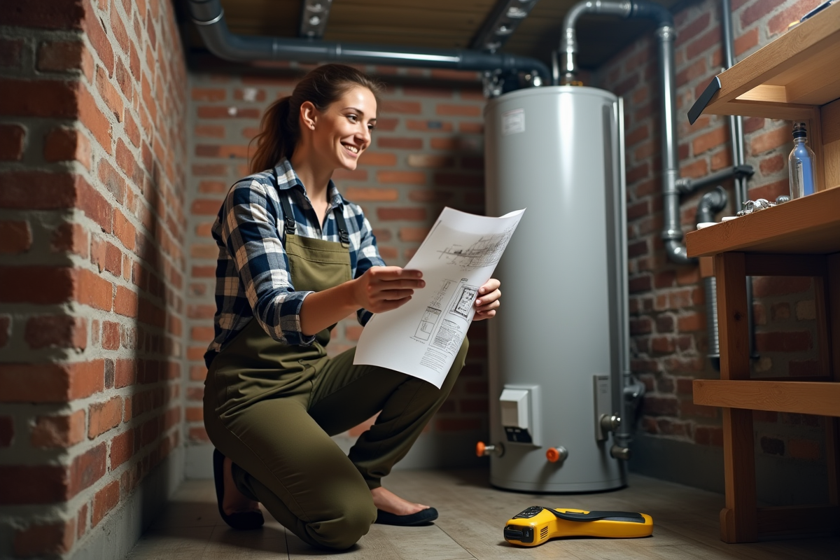 Femme plombier regardant un plan technique dans un sous-sol