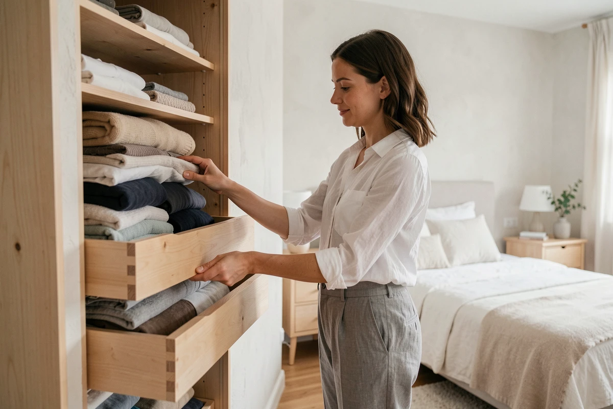 Femme rangeant des vêtements dans un placard encastré avec tiroirs en bois et compartiments en velours dans une chambre scandinave