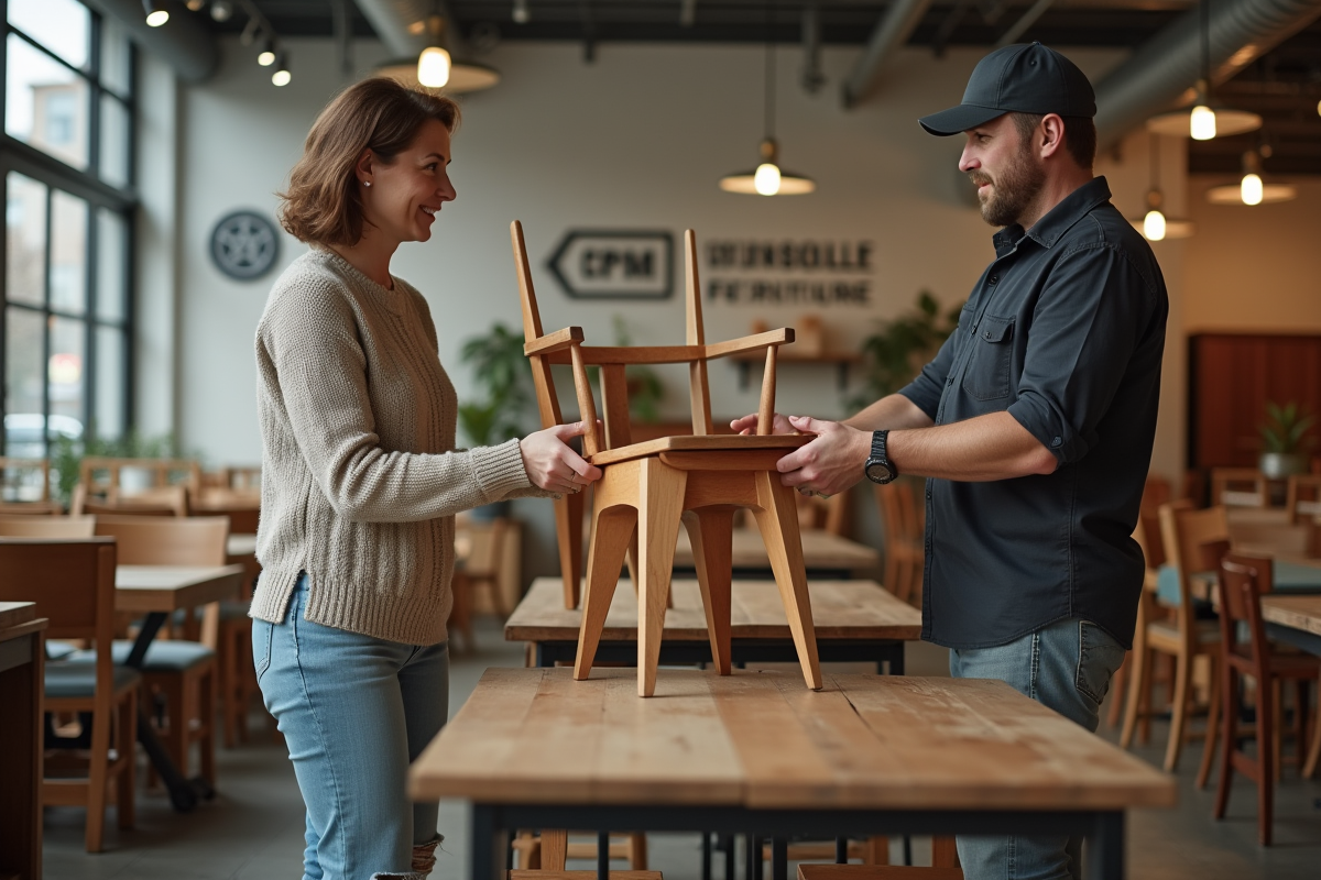 Femme déposant une vieille chaise en bois dans un magasin de recyclage