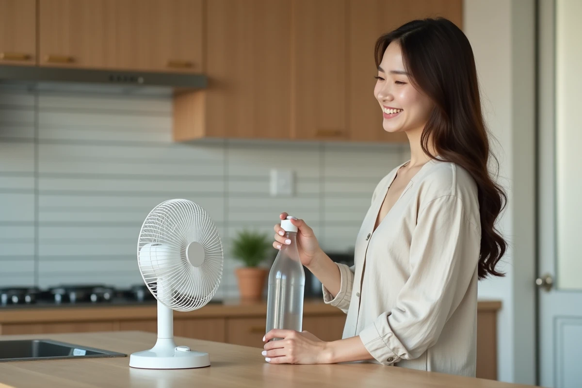 Jeune femme en robe linen remplissant une bouteille d