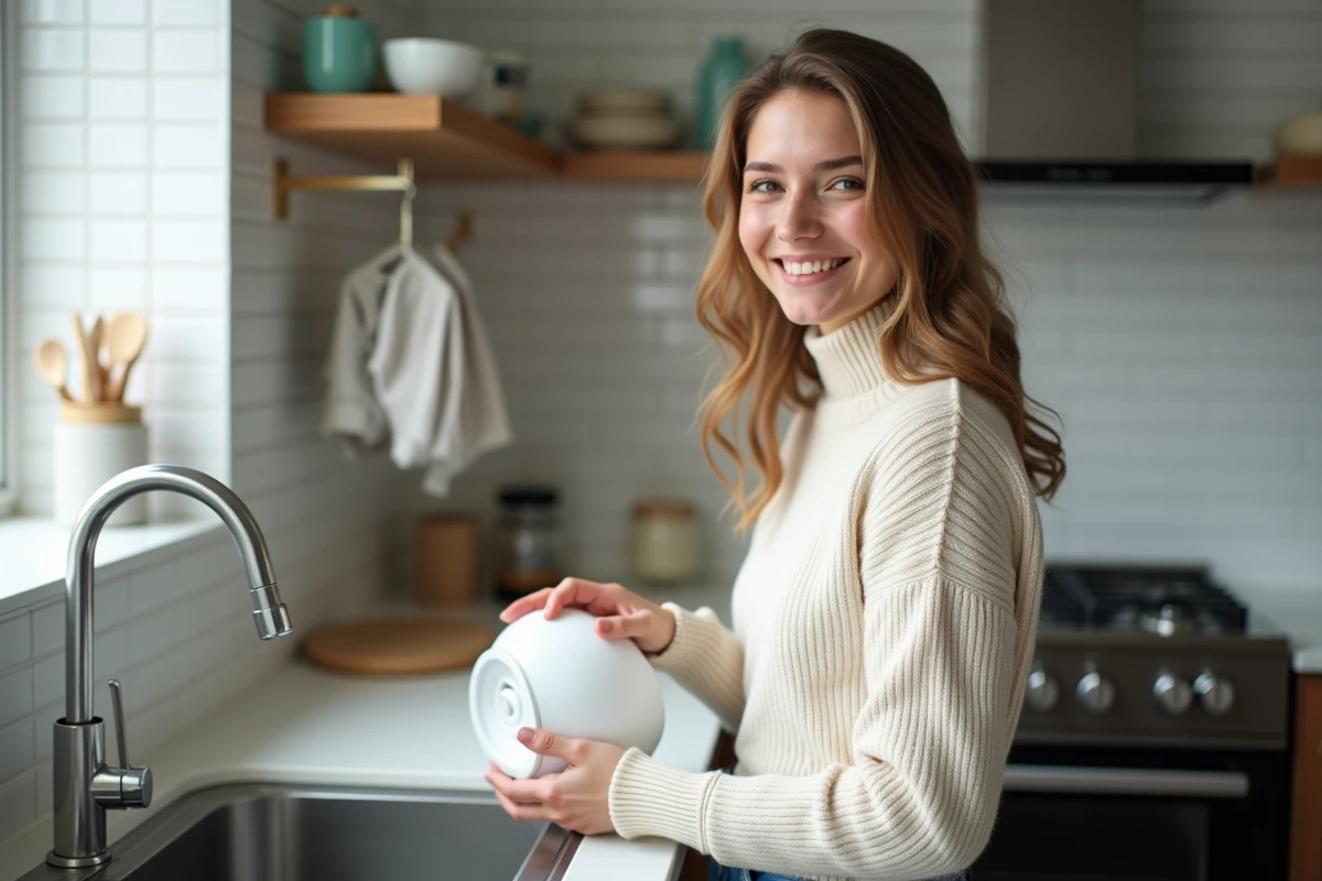 Jeune femme souriante tenant une pièce en plastique blanchie