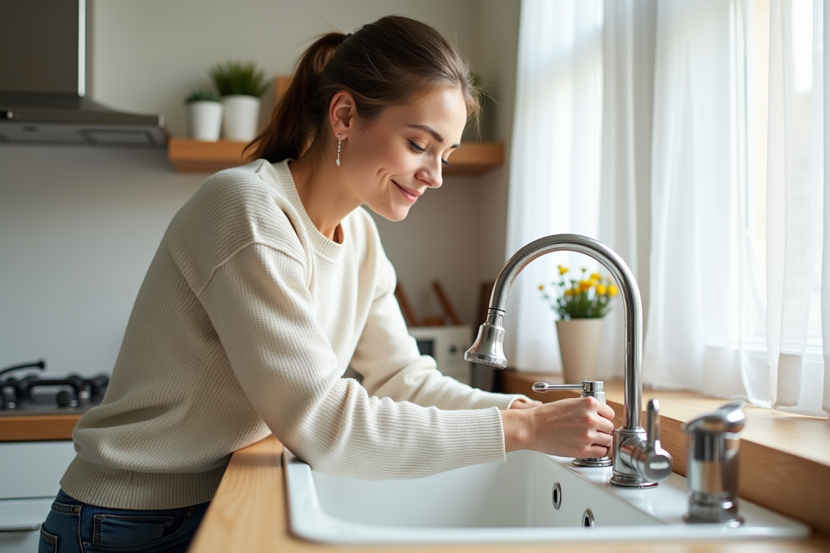Jeune femme réparant un robinet dans une cuisine lumineuse et moderne