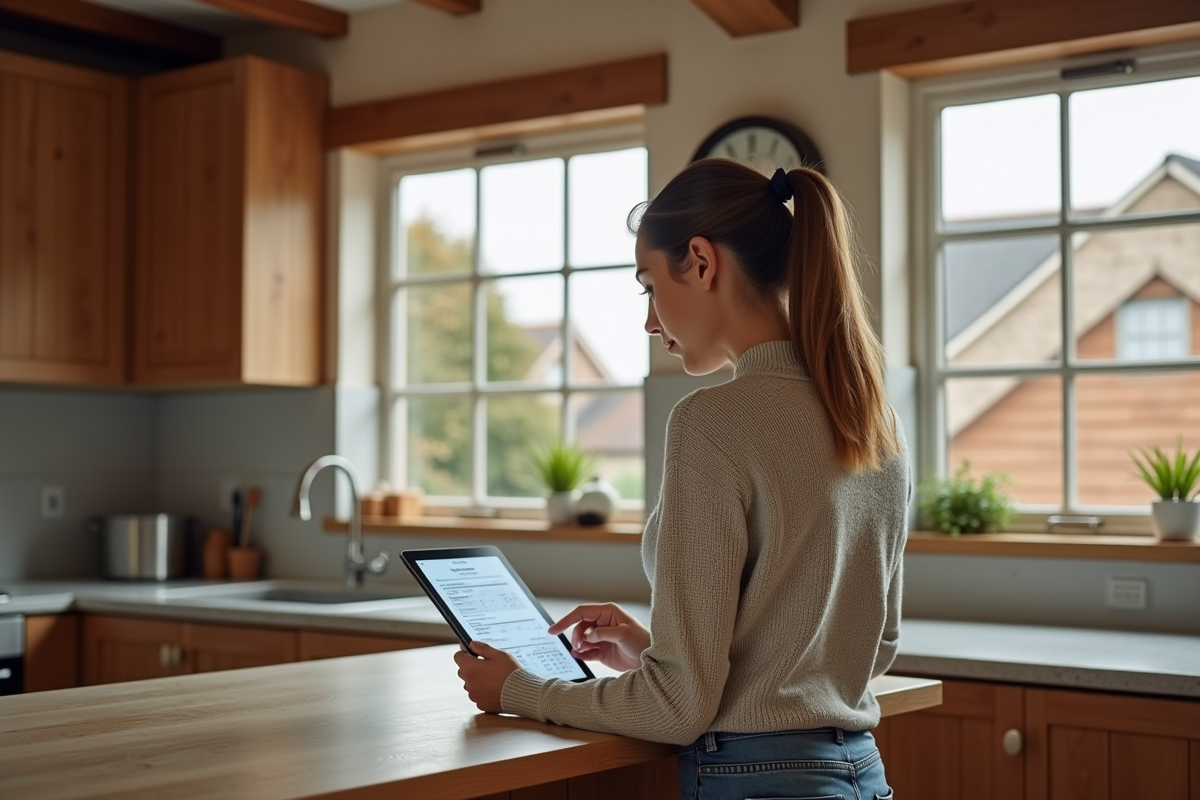 Jeune femme vérifiant budget extension dans la cuisine