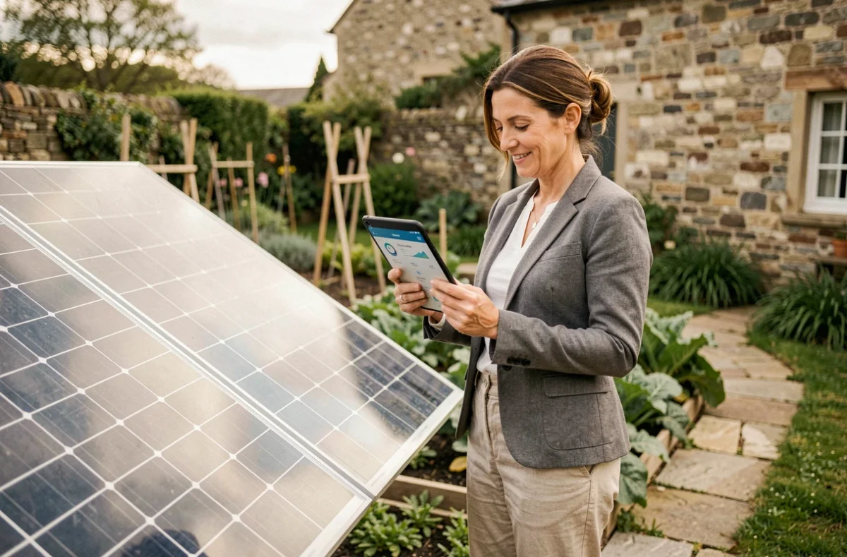 Femme consultant une application de suivi énergétique devant ses panneaux solaires installés au sol