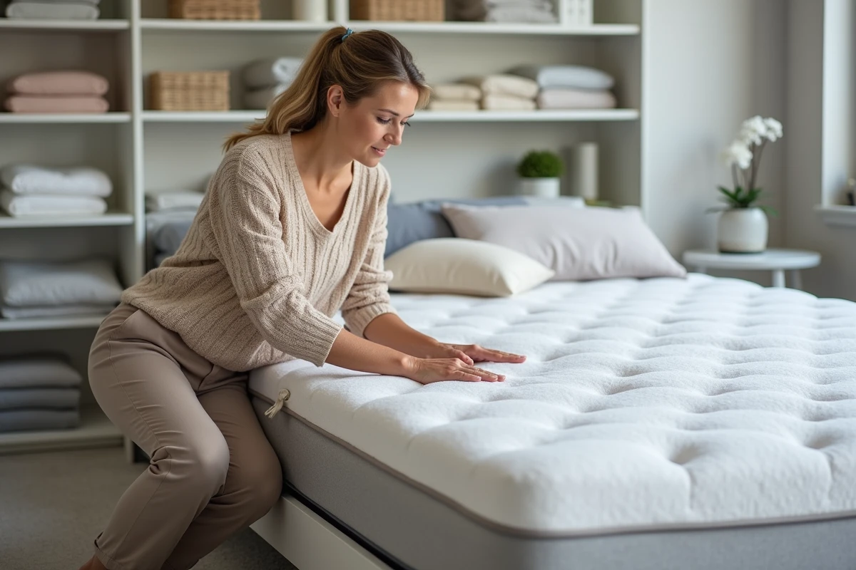 Femme testant la fermeté d'un matelas Duvivier dans un showroom de literie