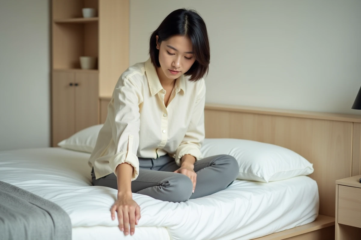 Femme testant la fermeté d'un matelas latex japonais en appuyant la main sur la surface dans une chambre moderne épurée