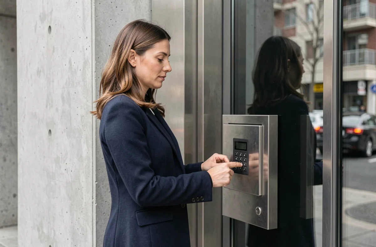 Femme utilisant une boîte à clé à code à l'entrée d'un immeuble urbain moderne